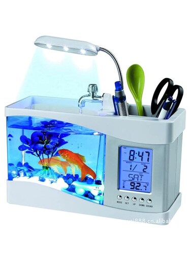 SKEIDO Usb Mini Fish Tank Desktop Electronic Aquarium Fish Tank With Water Running Led Pump Light Calendar Clock (White)