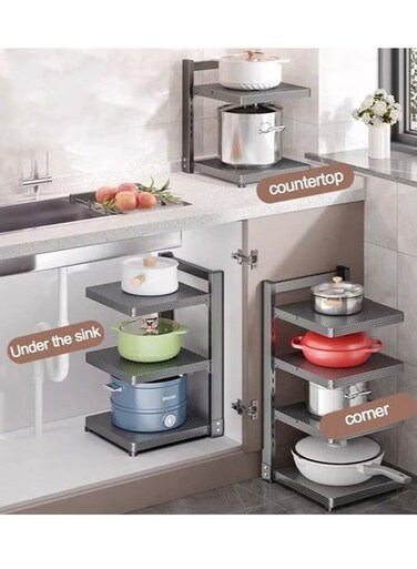 TIME Multi-Layer Cookware Storage Rack, Layered Stackable Storage, Height-Adjustable, Honeycomb Shelf with Anti-Slip Design, Easy to Clean