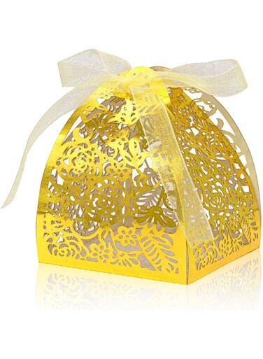 Bukela Laser Cut Rose Candy Boxes Wedding Anniversary Box for Party Favor Bridal Shower Decorative Boxes Beige Gift Wrap Boxes with Ribbons for Birthday Party Laser Cut Favor Boxes (Gold, 50pcs/Set)