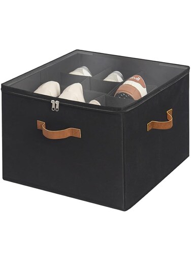 LENDIS Closet Shoe Rack, Foldable Shoe Box Storage Container 16 Pack with Clear Lid with Adjustable Dividers, Large Shoe Bucket Storage Container with 3 Handles (Blcak, 43 * 43 * 31cm)