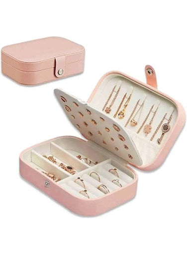 Khazna PU Leather Travel Jewelry Box Organizer for Girls,Women &ndash; Portable Jewelry Storage Case for Ring, Pendant, Earring, Necklace, Bracelet &ndash; Pink Jewelry Box for Travel