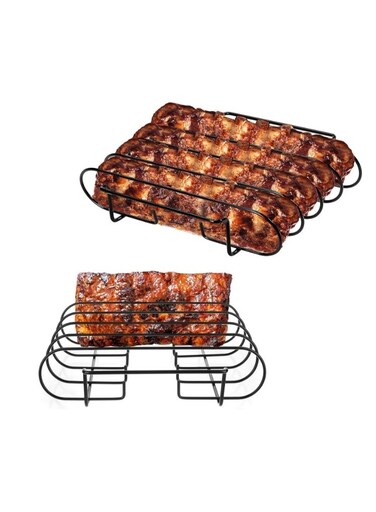 Pack Stainless Steel Rib Rack, Holds Up to 4 Full Racks for Smoking and Grilling &acirc;&euro;&ldquo; Nonstick BBQ Stand Holder for Gas or Charcoal Grill &acirc;&euro;&ldquo; Durable and Convenient BBQ Accessory (Black)