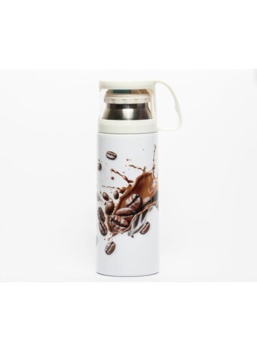 Stainless Steel Double Walled Vacuum Flask 350ml with cup Keeps Hot or Cold Splash Coffee Design with Coffee Beans