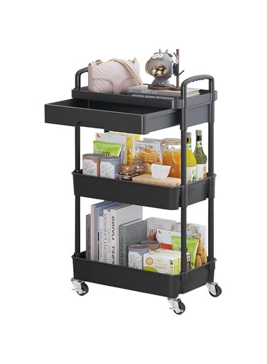 ANTOLE 3-Tier Rolling Utility Cart with Drawer,Multifunctional Storage Organizer Storage Cart with Wheels Handle,Movable Storage Shelves Trolley for Kitchen Bathroom Bedroom Office (Black)