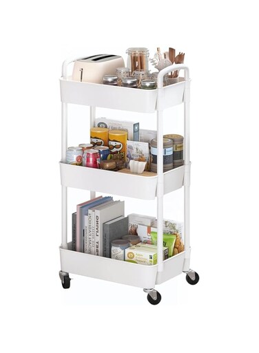 3-Tier Metal Storage Carts, Rolling Metal Storage Organizer - Mobile Utility Cart Kitchen Cart, Kitchen Trolley Cart,Mobile Shelving Unit for Bedroom Kitchen Office Small Dorm (White)