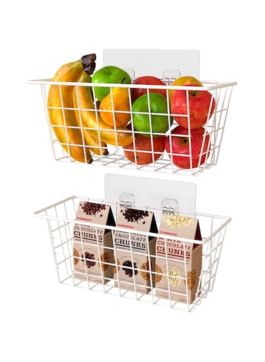 MaraFansie Wall Wire Baskets Bin No Drilling Adhesive Hanging Baskets Wall Mounted for Cabinet &amp; Pantry Organization and Kitchen, Bathroom, Bedroom Storage, 2 Pack, White