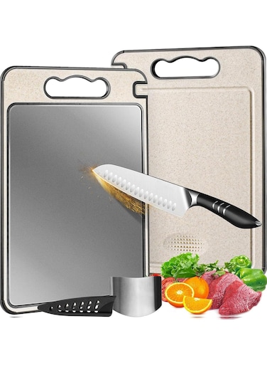 Double Sided Titanium &amp; Wheat Straw Cutting Board, 14.4"*9.8" Non Toxic Lightweight Chopping Board, Separately Handle Meat and Vegetables, Dishwasher Safe
