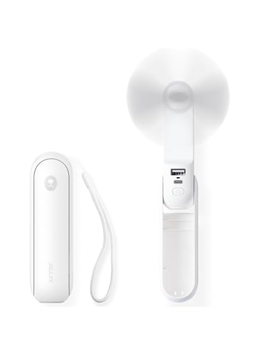 JISULIFE Portable Handheld Fan, Mini Pocket Hand Fan, Small Battery Operated 14-21 hours, USB Rechargeable Foldable Fan, Quiet Personal Fan with Power Bank, Flashlight for Indoor, Outdoor - White