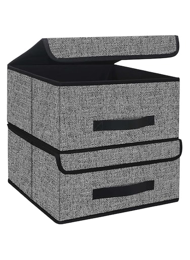 Onlyeasy Foldable Storage Bins Cubes Boxes with Lid - Storage Box Cube Basket Closet Organizer Pack of Two with Leather Handles for Closet Bedroom, 13"x13", Black, 8MXALB2P