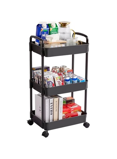 EZUK Rolling Cart with Lockable Wheels,Multifunctional Storage Shelves with Handle, Mobile Shelving Unit Cart Kitchen Storage Organizer for Bathroom,Laundry,Living Room (Black, 3-Tier)