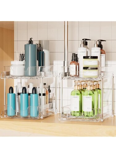 . 2 Tier Bathroom Under Sink Organizers and Storage, Multi-Purpose kitchen organization, Clear pantry storage, Clear Pull Out Organizer, Medicine Cabinet Drawers Bins with slide locking design.
