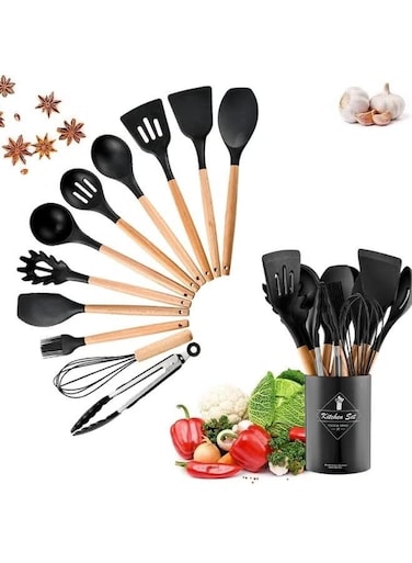Pieces Silicone Cooking Kitchen Utensils Set,Heat Resistant Wooden Handles Cooking Tool BPA Free,Non Toxic Silicone Turner Tongs Spatula Spoon Kitchen Gadgets Set for Nonstick Cookware - Black
