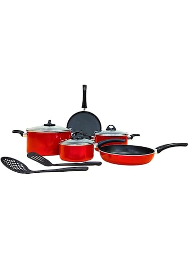 Premier 10PCS Non-Stick Cookware Set - Heat Resistant Handles - Dishwasher Safe - Stew Pan -24CM, Fry Pan -26CM, Nylon Spoon Laddle &amp; Turner, Tawa-24CM, Sauce Pan -16CM, Stew Pan-20CM
