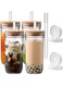 Cups with Lids and Straws, 24 oz Smoothie Cup with Lid and Straw - Mason Jar, Wide Mouth Reusable Drinking Glasses, Iced Coffee Cups Glass (4pcs)