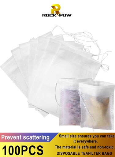 Pow 100Pcs Disposable Drawstring Tea Filter Bags Non-woven Fabric Pouches Seal Mesh Bags Coffee Sachet Bags for Loose Leaf Tea, Coffee, Herb, Spice