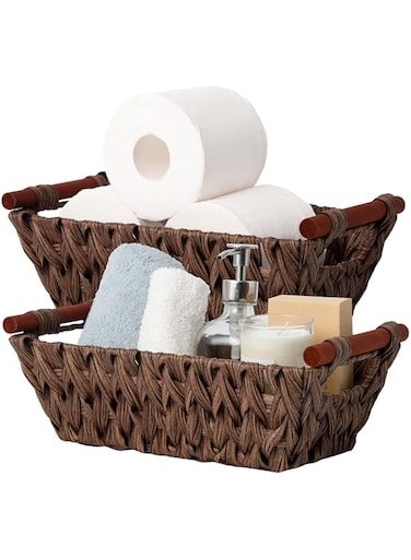 2PCS Wicker Basket Handles, Woven Trapezoid Basket Waterproof Storage Basket Pantry Storage Basket Caramel Orange Basket Decorative Wicker Basket Wicker Basket Set with Handles for Pantry Storage