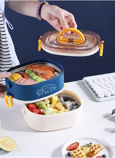 Double Layer 304 Stainless Steel Bento Box with 3 Compartments Lunch Box with handle 1200ml Food Container For Student Worker Navy/White