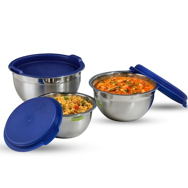 &acirc;&euro;&lsaquo;Kraft Stainless Steel Food Storage Containers Set of 3 (14cm, 16cm, 18cm)   Airtight Tiffin/Lunch Box with BPA-Free Lids   Durable Steel Snacks Dabba   2-Year Warranty &acirc;&euro;&ldquo; Blue