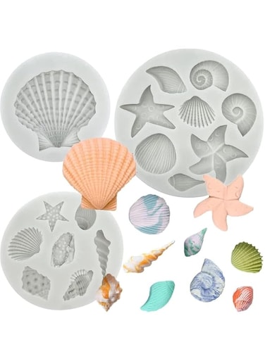 SYOSI Marine Theme Cake Fondant Silicone Mold Seashell Conch Starfish Coral Baking Molds for DIY Cake Decoration Chocolate Candy Polymer Clay Crafting Projects, 3 PCS