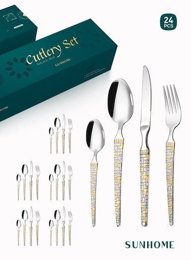 24-Piece Stainless Steel Cutlery Set Kitchen Utensil Set Western Tableware Suitable For Home Kitchen Restaurant Hotel Party Dining Picnic Dining Exquisite Packaging Gift