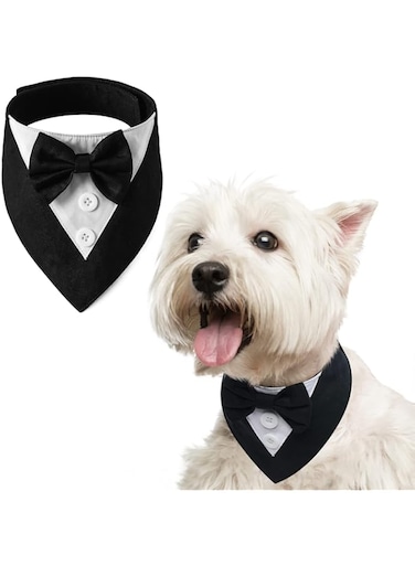 FUAMEY Dog Tuxedo,Formal Dog Wedding Bandana Dog Collar with Bow Tie Dog Birthday Costume Adjustable Pet Party Tux Dog Wedding Attire,Dog Valentines Outfit Cosplay for Small Medium Large Pets Black-S
