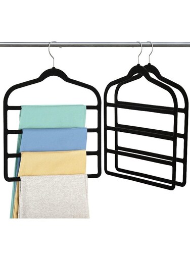 Velvet Pant Hangers &acirc;&euro;&ldquo; 2-Pack Black Non-Slip Multi-Layer Hangers, Space-Saving Closet Organizer for Pants, Jeans, Trousers, Scarves