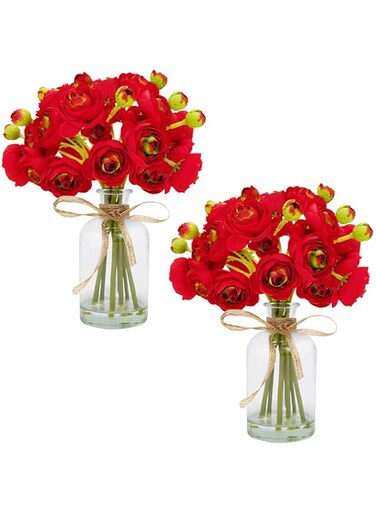 VIKINGS PANDA Ranunculus Artificial Flowers with Vase, 2 Pack - 8 Pcs Faux Silk Ranunculus Flower in Vase, Small Flowers Arrangements for Home Decor Indoor, Table Centerpiece. (Red)