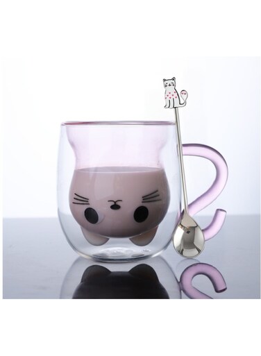 Cat Mugs Glasses Double Wall Insulated Glasses Espresso Cup, Coffee Cup, Tea Cup, Milk Cup With 1 Piece Cute Cat Spoon, Best Gift for Office and Personal Birthday &iuml;&frac14;&circ;Pink Cat)