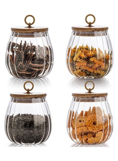 Airtight Glass Jars Set of 4,Glass Coffee Nuts Canister with Bamboo Lid,Petal Decorative Coffee Storage Container for Sugar,Loose Tea,Nuts,Candy,Spice Food,Moisture-proof &amp; Leak proof (Oval)