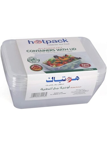 Hotpack Disposable Food Storage, Packaging &amp; Take Away, Microwave Container Rectangular 750ml, 5 Pieces