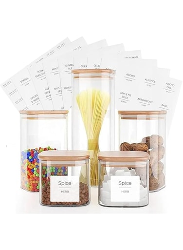 PICCASIO 𝐏𝐈𝐂𝐂𝐀𝐒𝐈𝐎 5 Pcs Glass Canister Sets with Bamboo Lids, Airtight High Borosilicate Jars, Multi Sizes Clear Storage for Tea, Coffee Beans, Spaghetti, Pasta, Cereal &amp; Herbs (square)