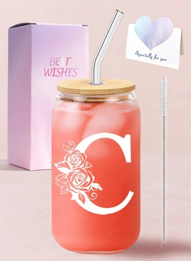 Birthday Gifts for Ladies, Monogrammed Initial Glass Cup Personalized Gifts for Women, 16oz Glass Cups with Lids and Straws, Iced Coffee Cup - Gifts for Birthday,C