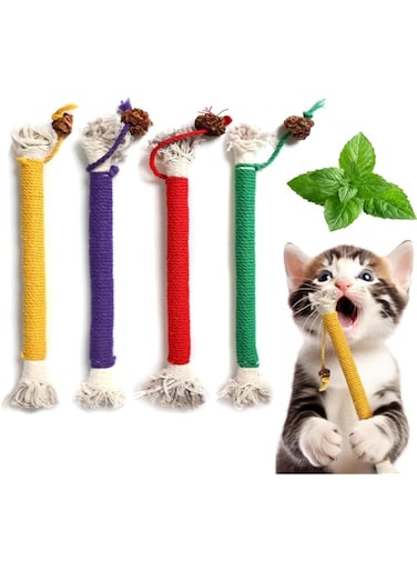 Catnip Toy Bite Rope, Interactive Cat Toy for Indoor Cats, Cat Teeth Cleaning Kitten Teething cat nip Chewing Toy Rope, Filled Natural Catnip Stress Release Cotton Rope Toy, 4 Pcs