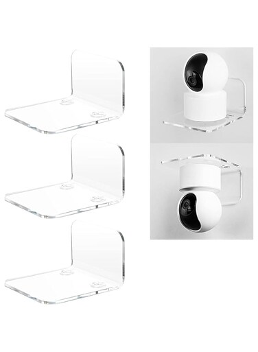 BPA&reg; Acrylic Floating Wall Shelves Set of 3 for Security Cameras, Baby Monitors, Speakers - Universal Small Wall Shelf with Cable Clips, 10-Piece Strong Tapes, No Drill (Clear)
