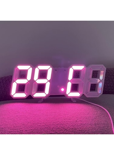 3D LED Digital Alarm Clock, Table Clocks, Table Wall Modern Alarm Clock, Multifunctional Number Time Clock, Brightness Adjustable Temperature Display for Bedroom Office Home, White-Pink