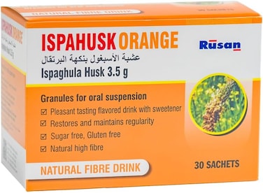 Ispahusk Orange Hi-Fibre Ispaghula Husk, 30 Constipation Relief Sachets, Indigestion Relief, Fast Relief Laxatives, Oral Suspension For Healthy Gut, Natural Fibre Drink