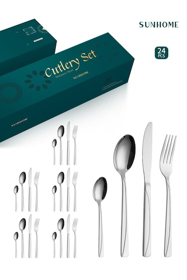 24-Piece Stainless Steel Cutlery Set Kitchen Utensil Set Western Tableware Suitable For Home Kitchen Restaurant Hotel Party Dining Picnic Dining Exquisite Packaging Gift Silver