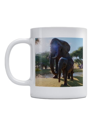 Elephants Printed Ceramic Mug White/Grey/Green