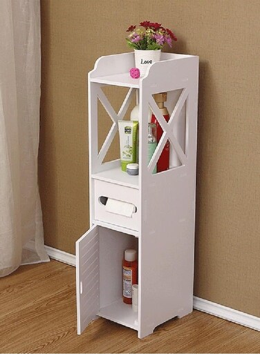 Bathroom Storage Cabinet &acirc;&euro;&ldquo; Narrow PVC Floor Cabinet with Door &amp; Open Shelf, Waterproof Space Saver Organizer for Toilet Side, Small Bathroom, Bedroom, or Kitchen
