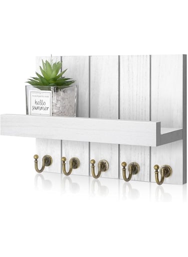 Rebee Vision Key Holder for Wall - Decorative Mail Organizer Wall Mount with 5 Key Hooks for Farmhouse Apartment Essentials - Home Decor for Living Room (Rustic White)