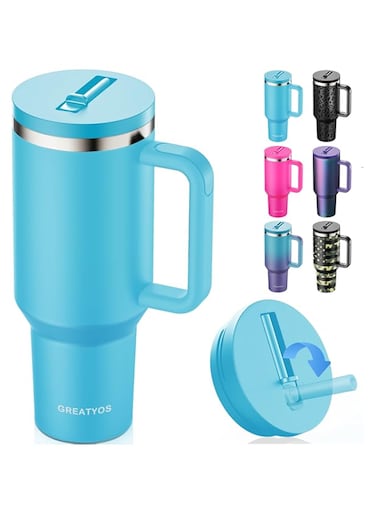 Greatyos 40 oz Tumbler with Handle and Flip Straw Lid - Upgraded Insulated Traveler Tumblers with Lids Straws Vacuum Leak Proof Stainless Steel 40oz Cup Mug Gifts for Men Women Him Her (Pool)
