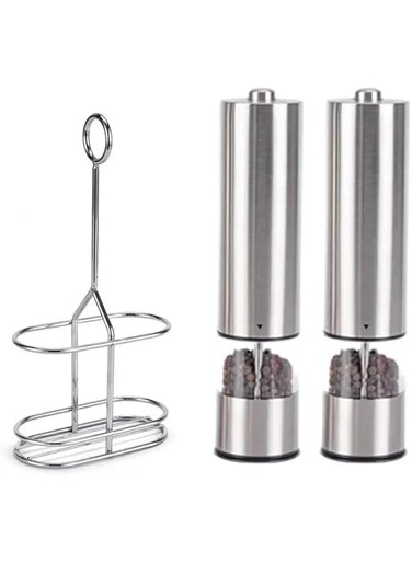 ABIN 2 Pack Electric Salt and Pepper Grinder Set - Stainless Steel Battery Operated Salt &amp; Pepper Mills with Light - Complimentary Mill Rest- One Handed Operation Adjustable Ceramic Grinders (2 Pack)