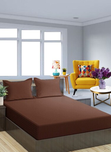 Brown Queen Size Stripe Deep Pocket Bed Sheet Set Cotton 180x200+35cm