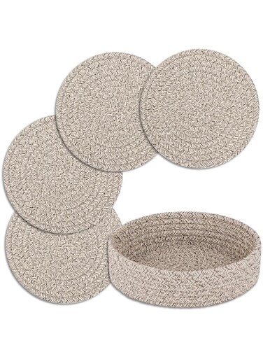 sddjqy Trivets for Hot Dishes, Trivets for Hot Pots and Pans, Cotton Coasters 4 Pcs and Storage Basket 1 Pack, Pot Holders for Kitchen, Hot Pads for Table, Hot Mats Protect Countertops (Brown 4 Pcs)