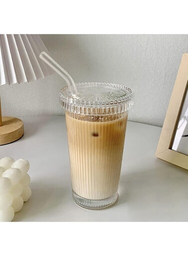 Tumbler Stripe Glass Cup Coffee Cup With Lid and Straw Drinking Glasses for Water,Iced Coffee,Milk,Tea,Juice (A-Stripe) (TWBZ-0115)