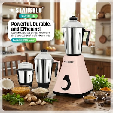 STARGOLD 3-IN-1 Mixer Grinder 800W Powerful Copper Motor with Stainless Steel Jars and Blade, Perfect for Making Smoothies, Milkshakes, Grinding Nuts, Spices, 3 Jars with 3 Speed Control