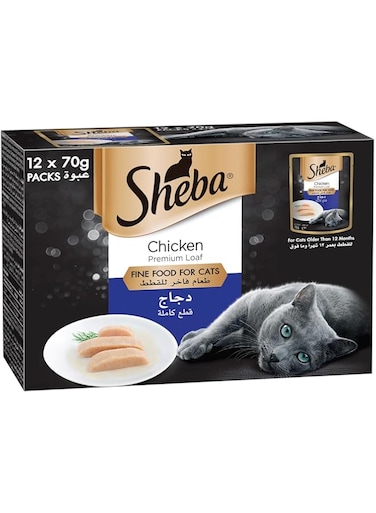 Sheba Premium Chicken, Cat-Food with-Real Chicken Taste, Essential Vitamins and Minerals, this Food is Made with Loaf Formula Easier Chewing Even for Sensitive Cats, Pack of 12x70g
