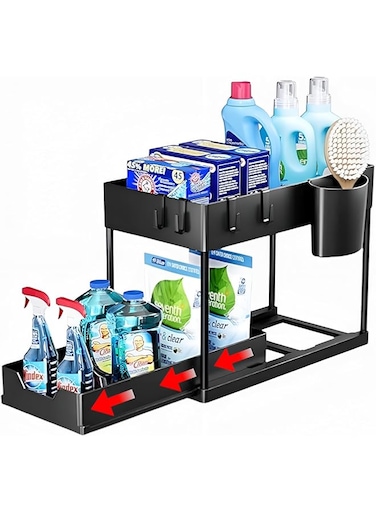 Under Sink Organizer and Storage,2Tier steel pull out Sliding drawer under kitchen sink bathroom cabinets organizer stackable nonslip rack for laundry countertops space saving design baskets (black)