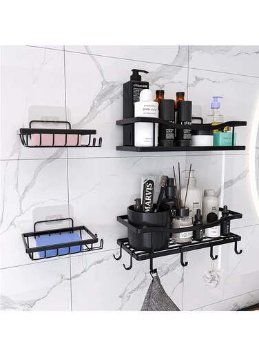 Wall Mounted Storage Shelf Set,4-Piece No Drilling Adhesive Bathroom Storage Organizer,Black