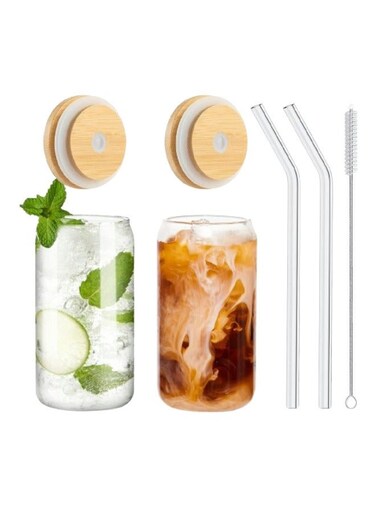 Pcs Glass Cups with Bamboo Lids and Straw,16 OZ Beer Can Shaped Drinking glasses,Iced Coffee Cups,Glass Tumbler with Straw and Lid for Smoothie Cocktail Whiskey Tea Juice Gift